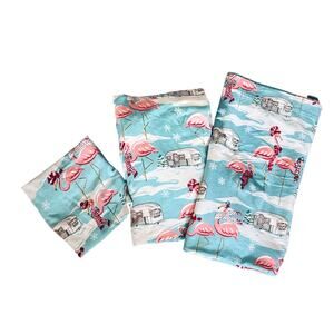 Nick & Nora Twin Sheet Set Flamingo Airstream Holiday Fitted, Flat & 1 PillowC